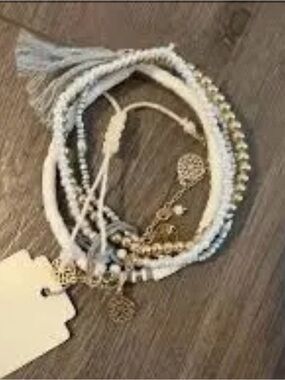 Sold - White and Gold Layered Beaded Bracelet Set by
